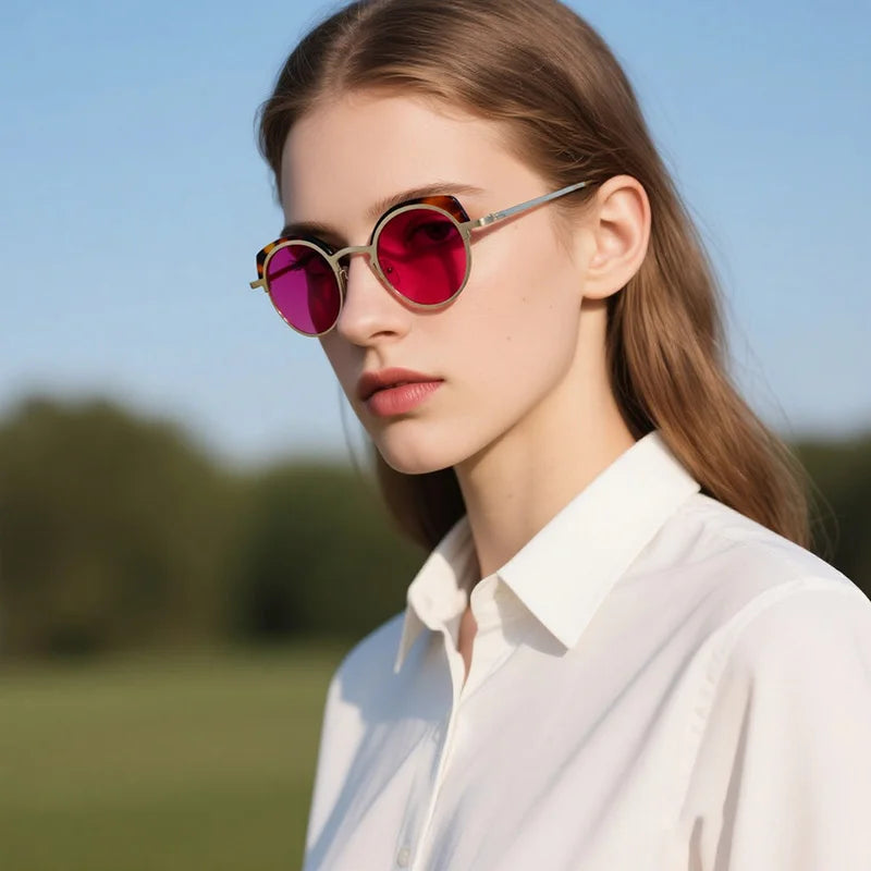 Woman waering luxury cat eye sunglasses with acetate metal frame and UV400 lenses