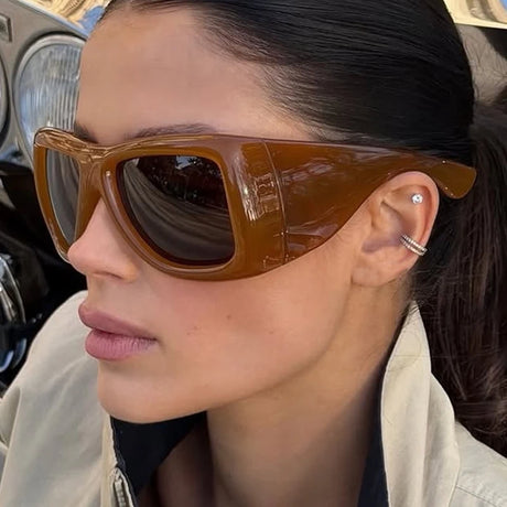 Oversized square jelly color sunglasses with wide frame design and UV400 protection for retro outdoor fashion style.