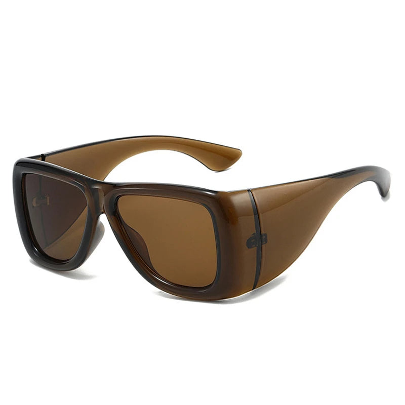 Oversized square jelly color sunglasses with wide frame design and UV400 protection for retro outdoor fashion style.