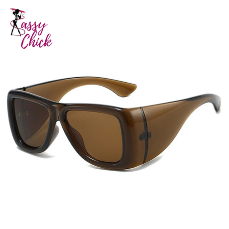 Oversized square jelly color sunglasses with wide frame design and UV400 protection for retro outdoor fashion style.