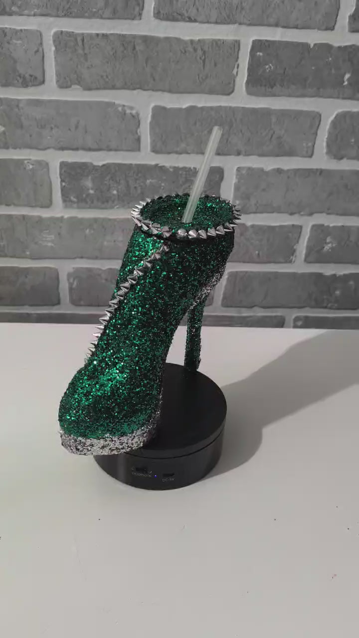 Sparkling Green & Silver Glitter Stiletto Heel Tumbler Cup