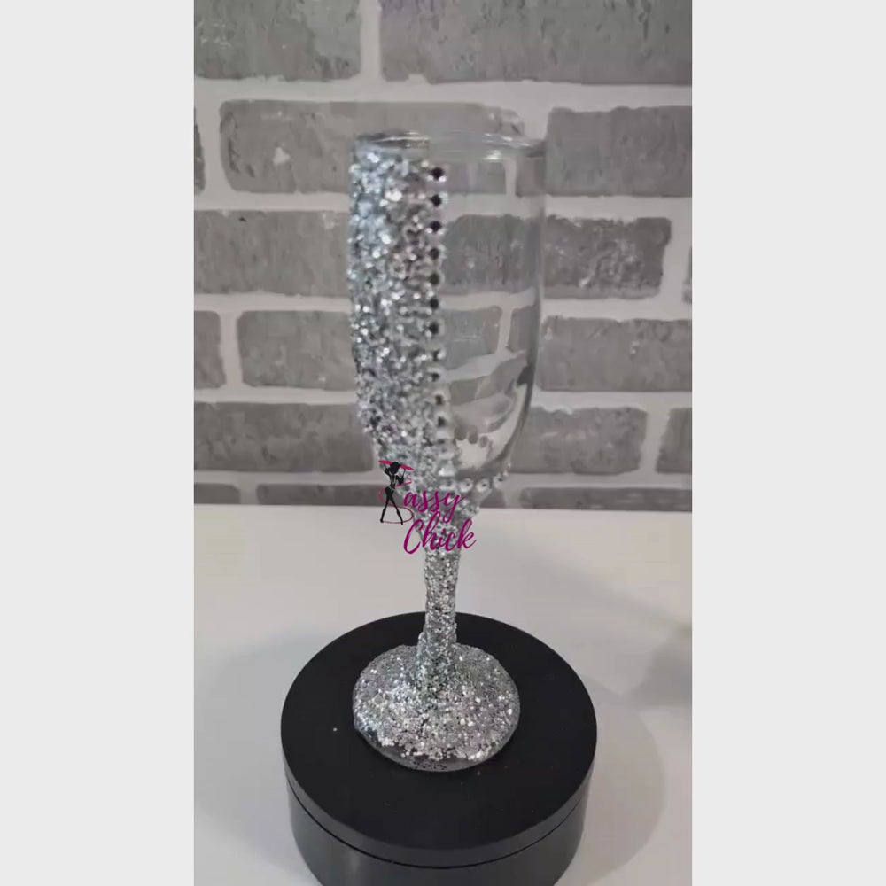 Customized silver wine flute glass with glitter and rhinestones, personalized champagne glass for weddings, birthdays, and special events.