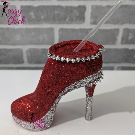Red Silver Stiletto Tumbler Cup Sassy Chick Logo