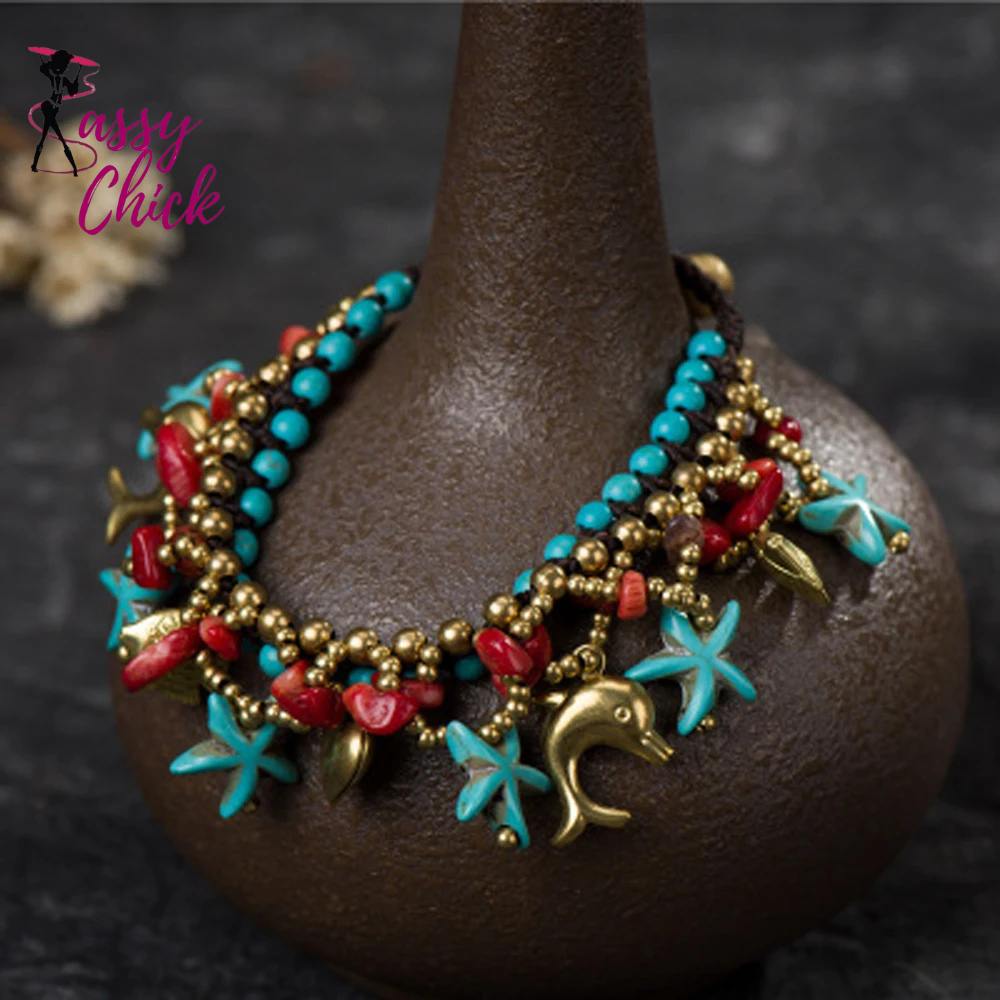 Retro Imitation Turquoise Starfish Water Droplet Tassel Bracelet Sassy Chick
