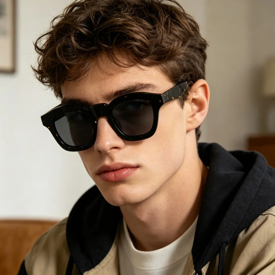 Man wearing Retro square frame sunglasses with polarized UV400 lenses