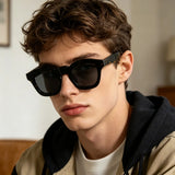 Man wearing Retro square frame sunglasses with polarized UV400 lenses