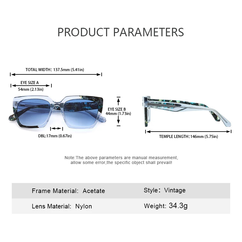 Women wearing retro square sunglasses with acetate frame and UV400 protection Dimension