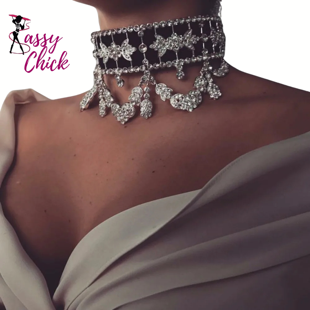 Rhinestone Flower Ribbon Collar Choker Sassy Chick