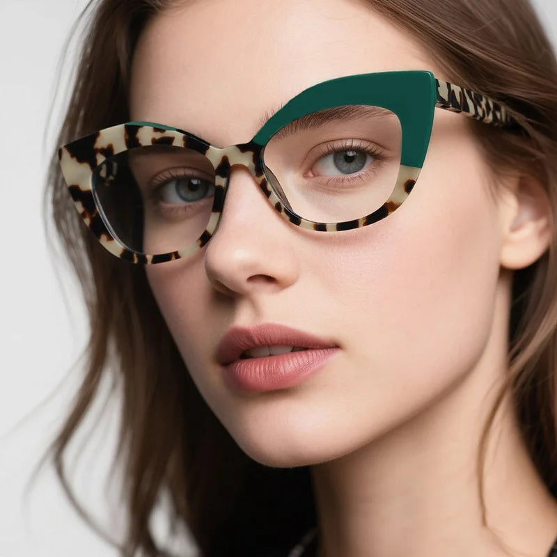 Woman wearing vintage multicolor cat eye glasses with acetate frame and clear lensesan
