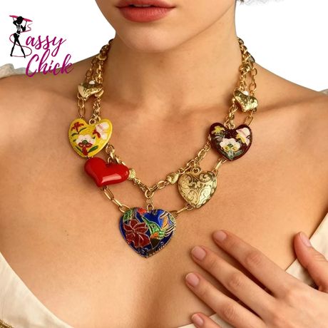 Vintage Multicolored Heart Pendant Necklace Jewelry Accessories Sassy Chick