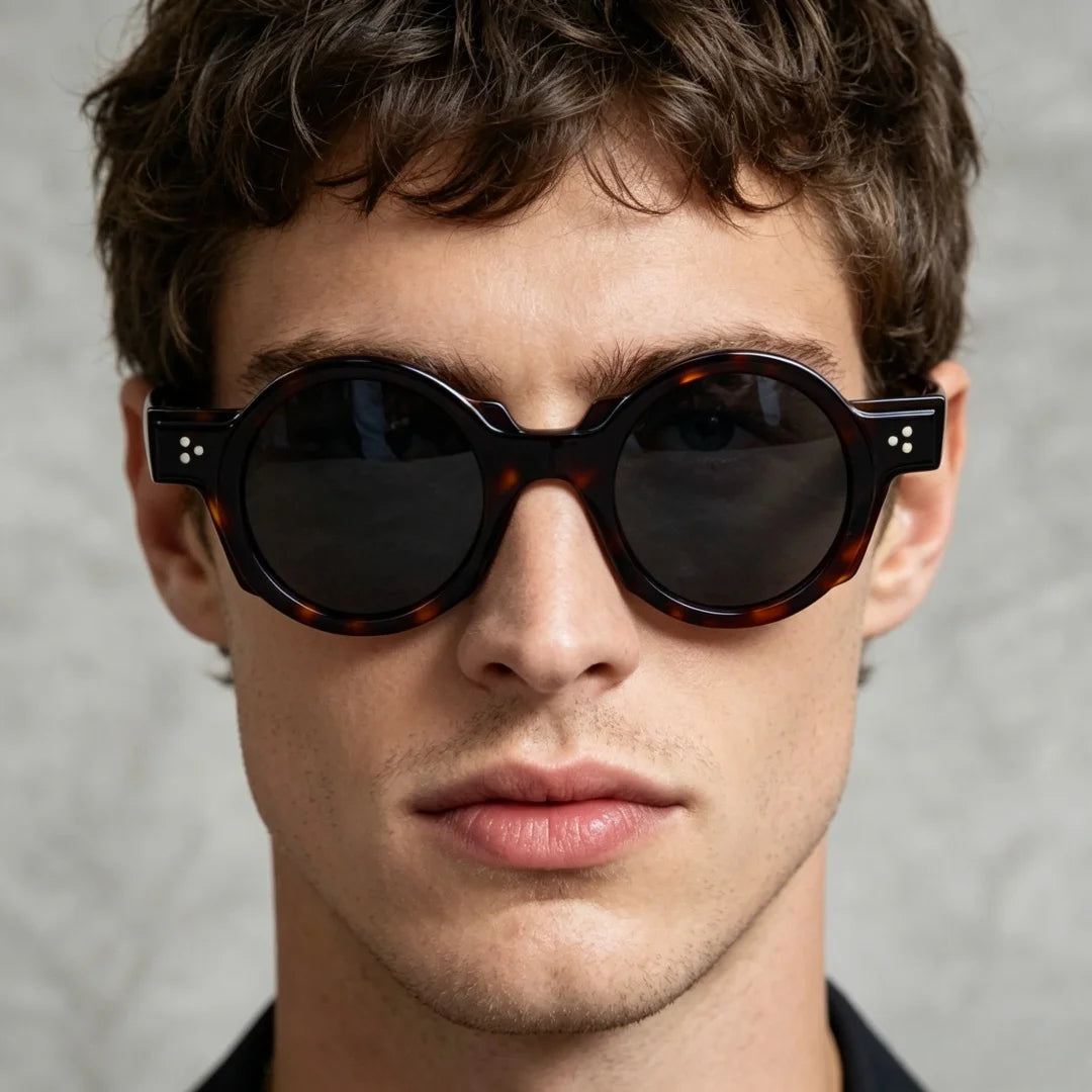 Man wearing vintage round acetate sunglasses with thick tortoiseshell frame