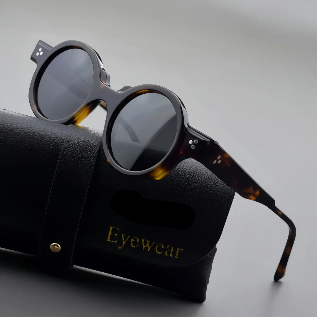 Men's vintage round acetate sunglasses with thick tortoiseshell frame