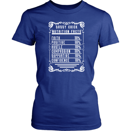 Sassy Chick Nutrition Facts Women's Unisex T-Shirt | Shop Sassy Chick - Blue