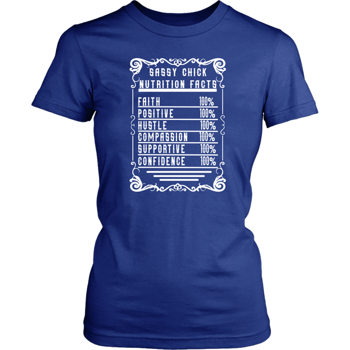 Sassy Chick Nutrition Facts Women's Unisex T-Shirt | Shop Sassy Chick - Blue