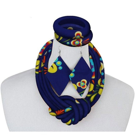 Blue African Fabric Necklace Set