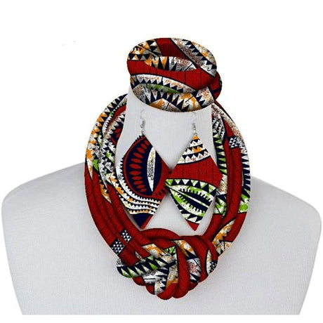 Red African Fabric Necklace Set