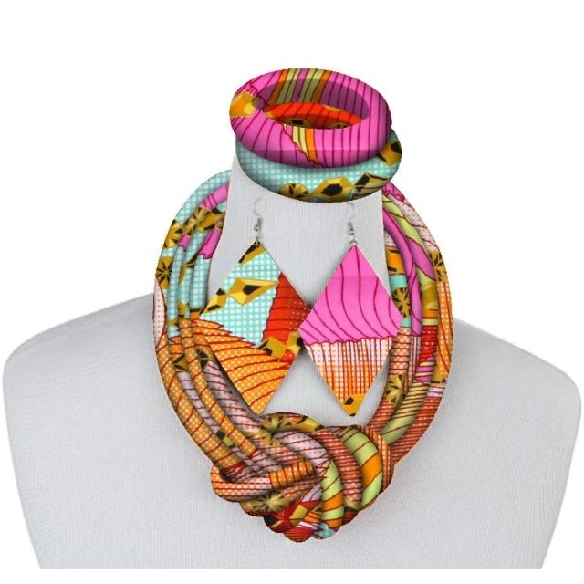 Pink African Fabric Necklace Set
