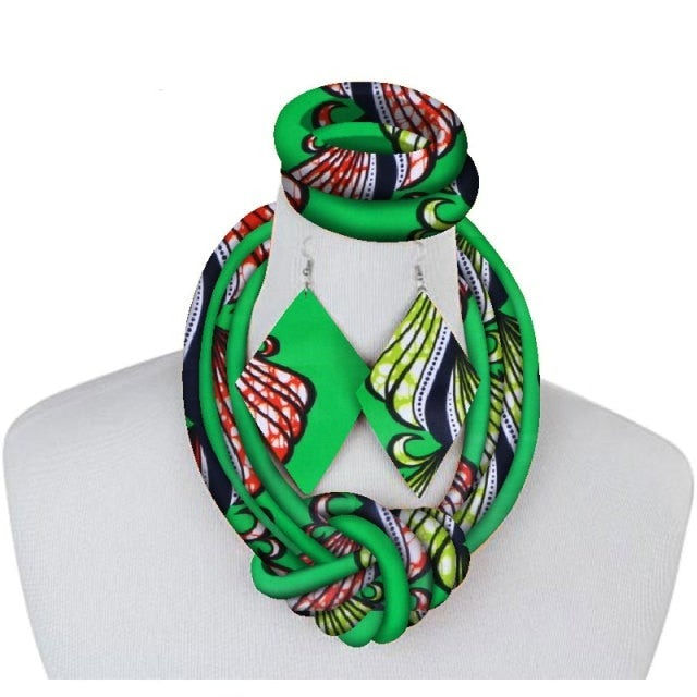 Green African Fabric Necklace Set