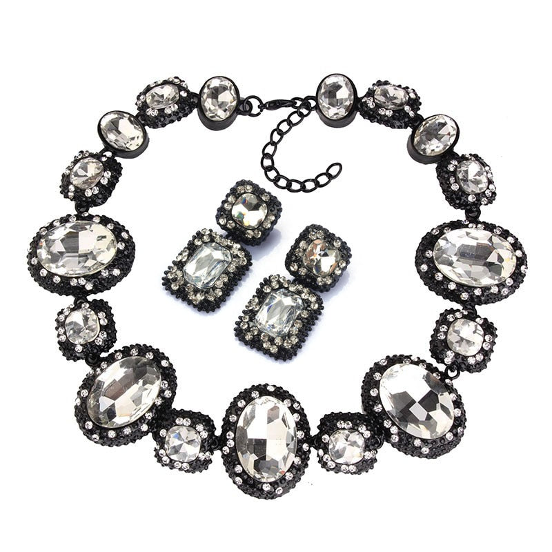 Silver Black Crystal Glass Necklace Set