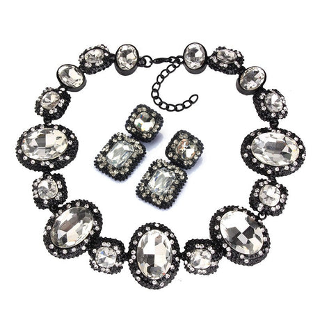 Silver Black Crystal Glass Necklace Set