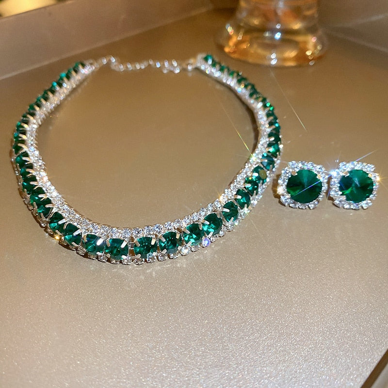 Emerald Diamond Crystal Necklace Set