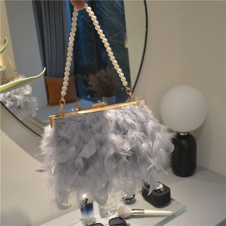 Elegant Feather Evening Bag Pearl Handle