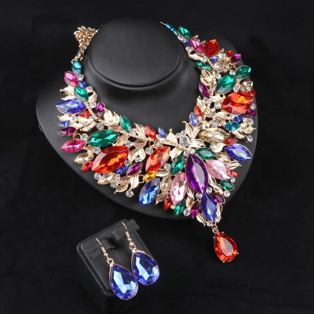 Bridal Boho Choker Crystal Teardrop Necklace Set