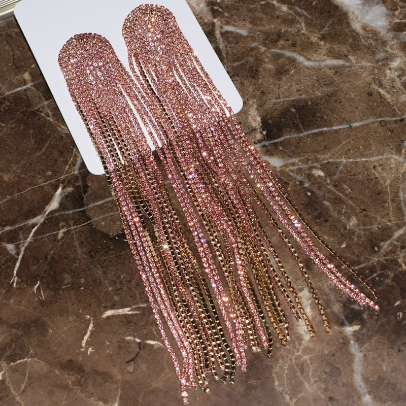 Pink Full Rhinestone Long Tassel Earrings
