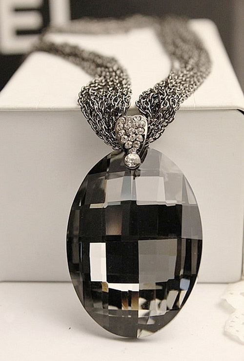 Silver Oval Glass Crystal Pendant Necklace