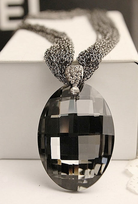 Silver Oval Glass Crystal Pendant Necklace