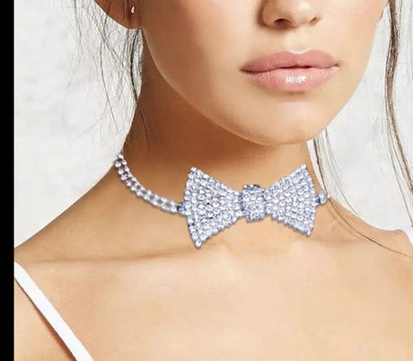 Model using Rhinestone Bow Tie Necklace