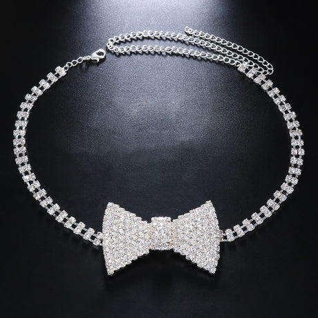 Silver Rhinestone Bow Tie Necklace