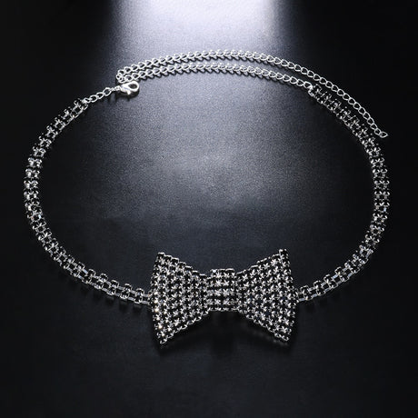 Silver black Rhinestone Bow Tie Necklace