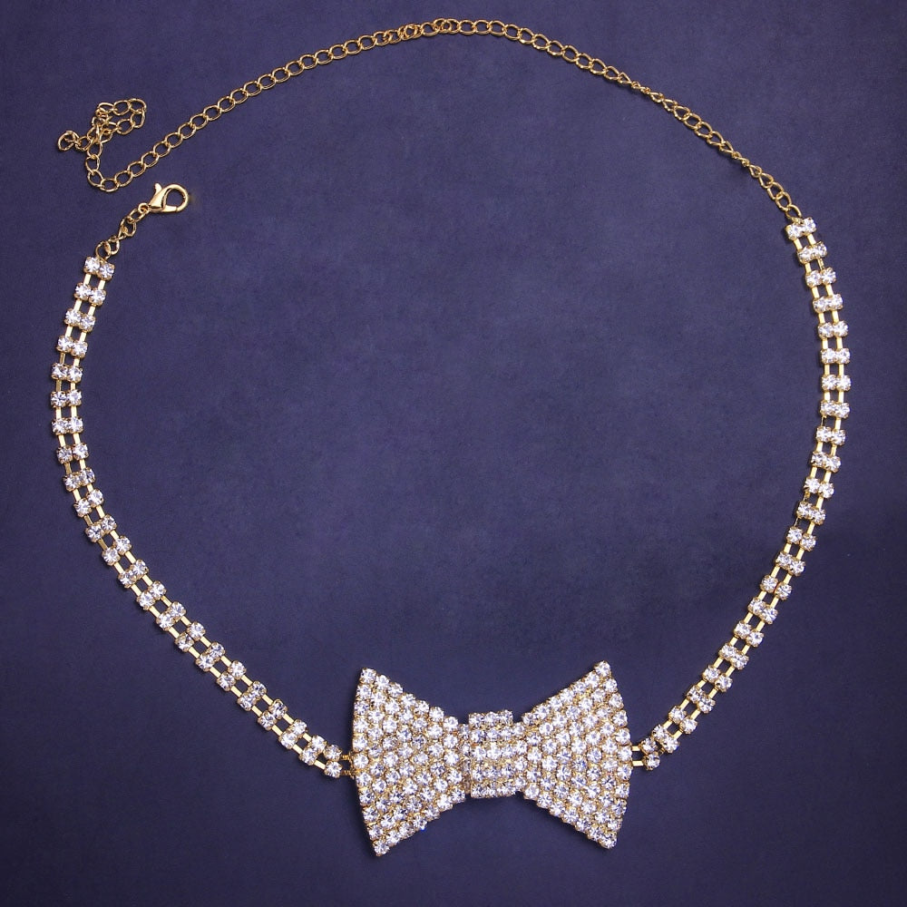 Gold silver Rhinestone Bow Tie Necklace