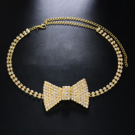Gold Rhinestone Bow Tie Necklace