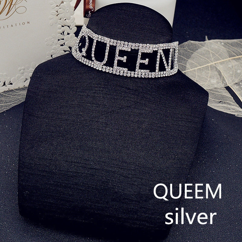 Queen Rhinestone Letter Choker