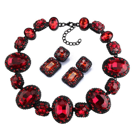Red Crystal Glass Collar Necklace Set