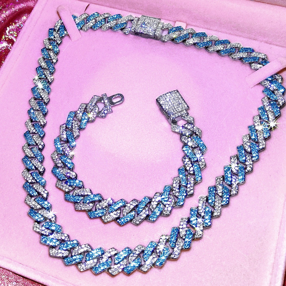 Rhinestone Cuban Link Chain Necklace Set