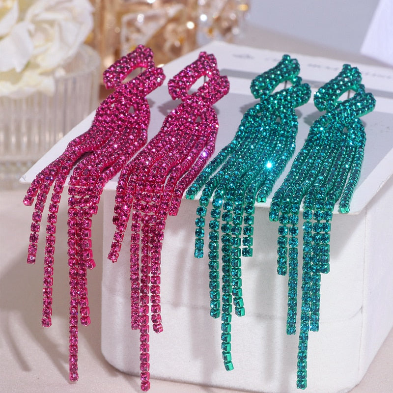 Sparkling Rhinestone Long Tassel Dangle Earring