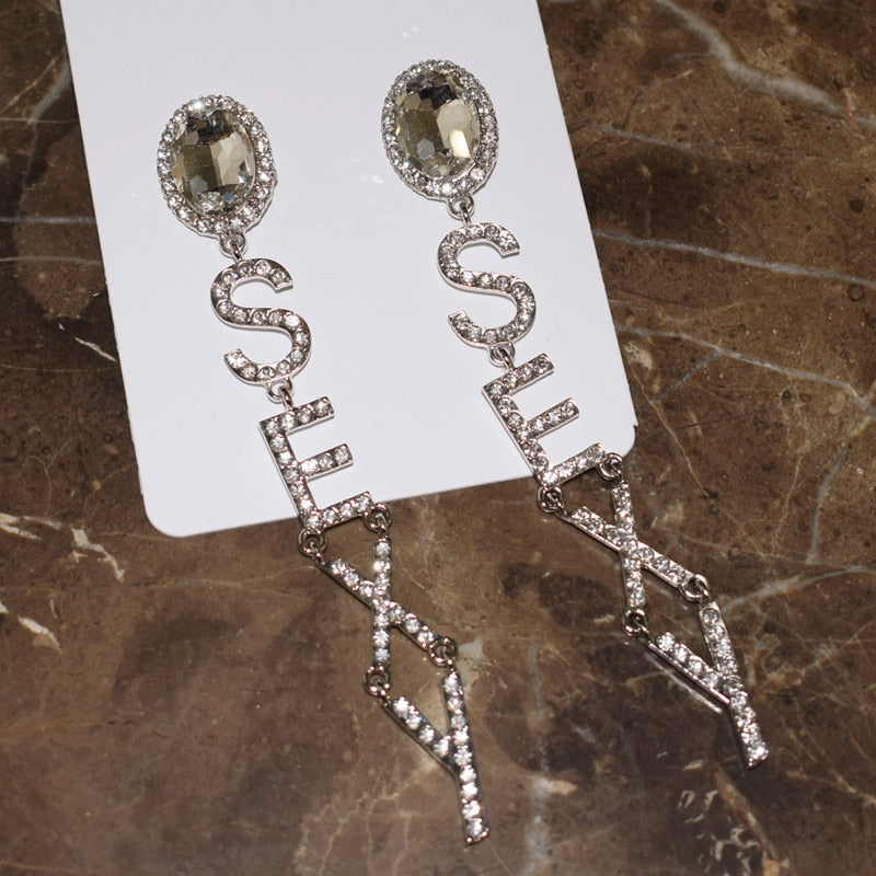 Shiny Rhinestone Letters Dangle Earrings