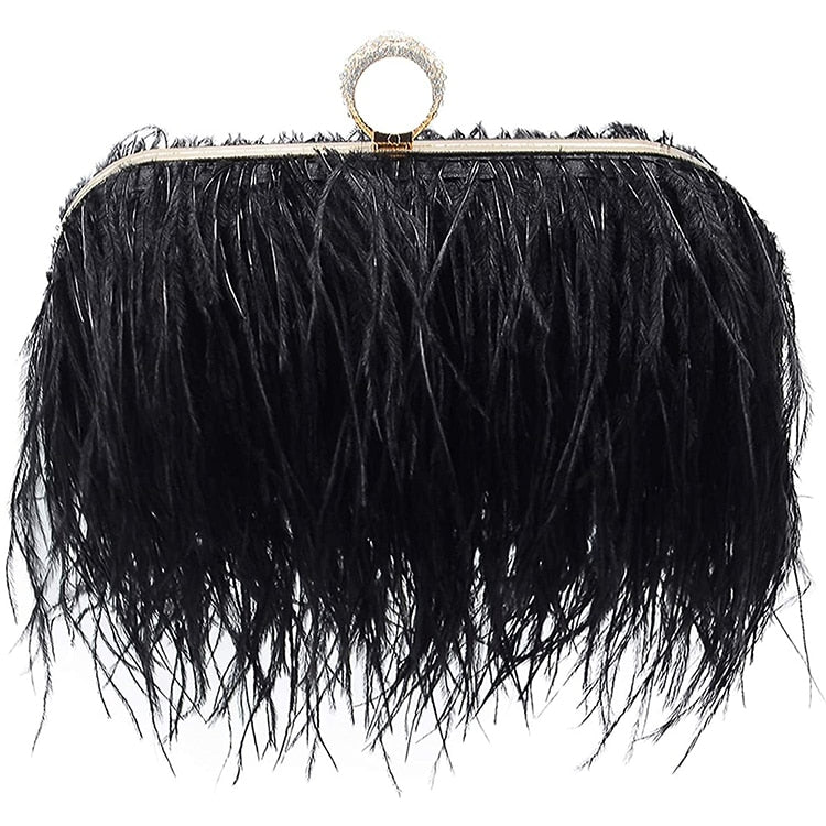 Black Evening Clutch With Ostrich Feathers Handmade Feathered