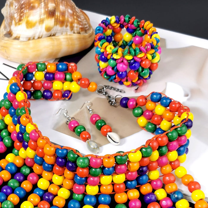 Multicolor Wood Beads Choker Necklace Set