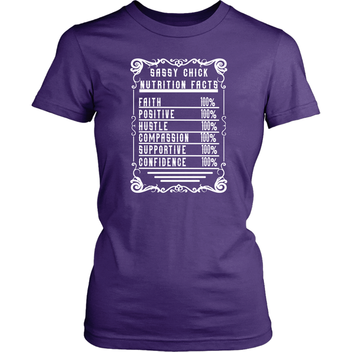 Sassy Chick Nutrition Facts Women's Unisex T-Shirt | Shop Sassy Chick - Purple