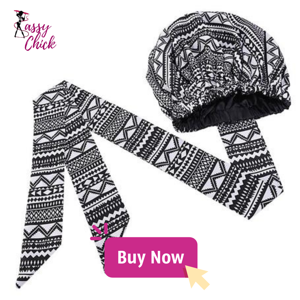 African Print Satin Bonnet with Long Ribbon Head Wrap