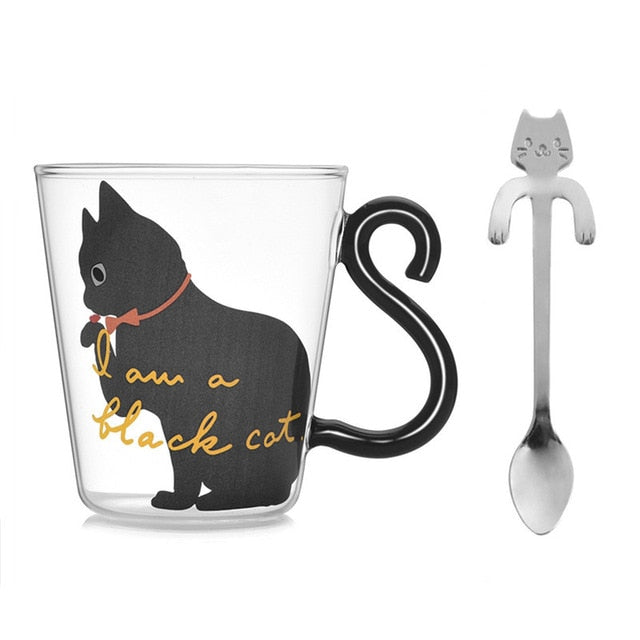 Cute Cat Glass Mug With Stainless Steel Spoon 280ml - Shop Sassy Chick 