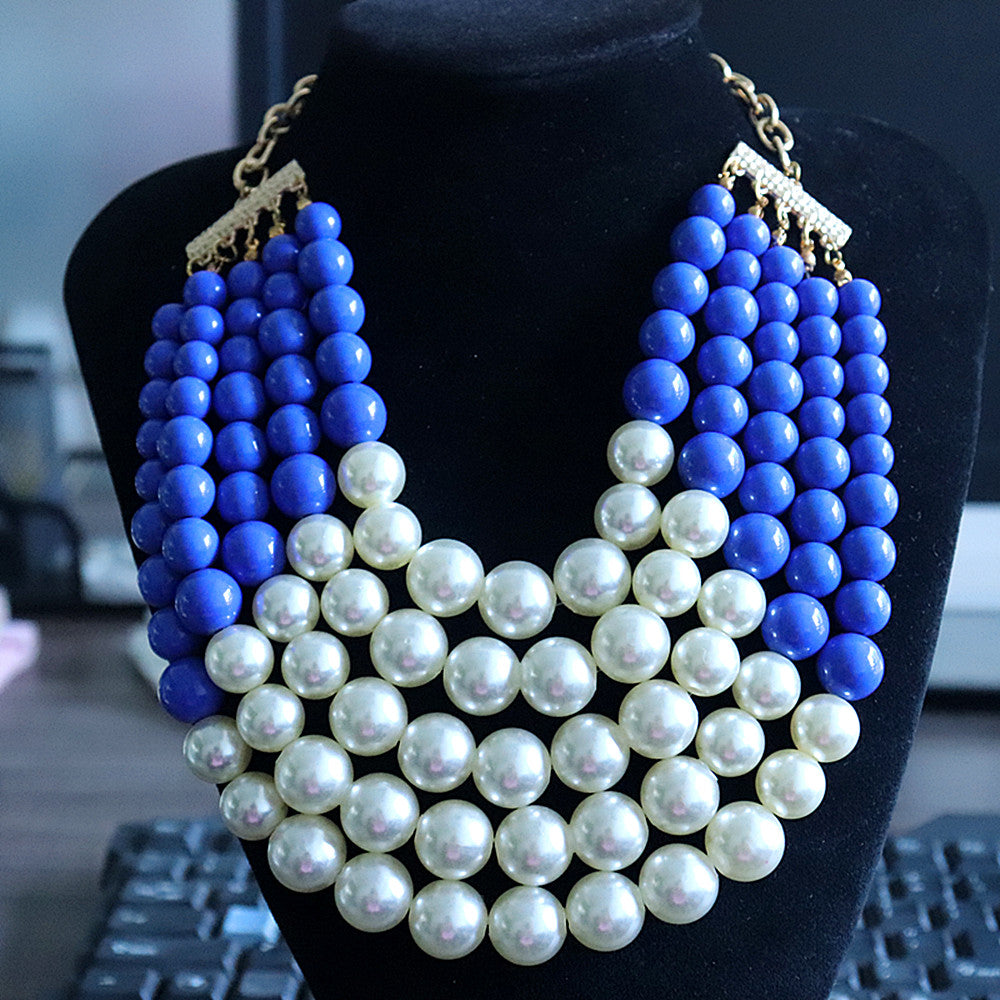 Label Blue Beads White Choker Chunky Necklace
